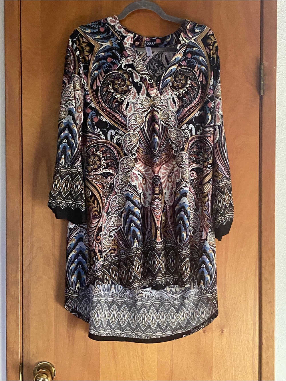 Paisley Print Long-Sleeve Tunic Top - Black Multi
